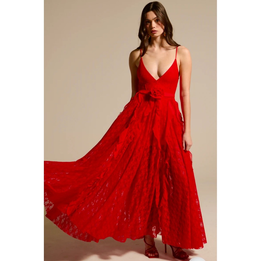 Red Lace Maxi Prom Dress Deep V Ruffle Sash Necklace Tie Party Formal Sold Out - Picture 6 of 11